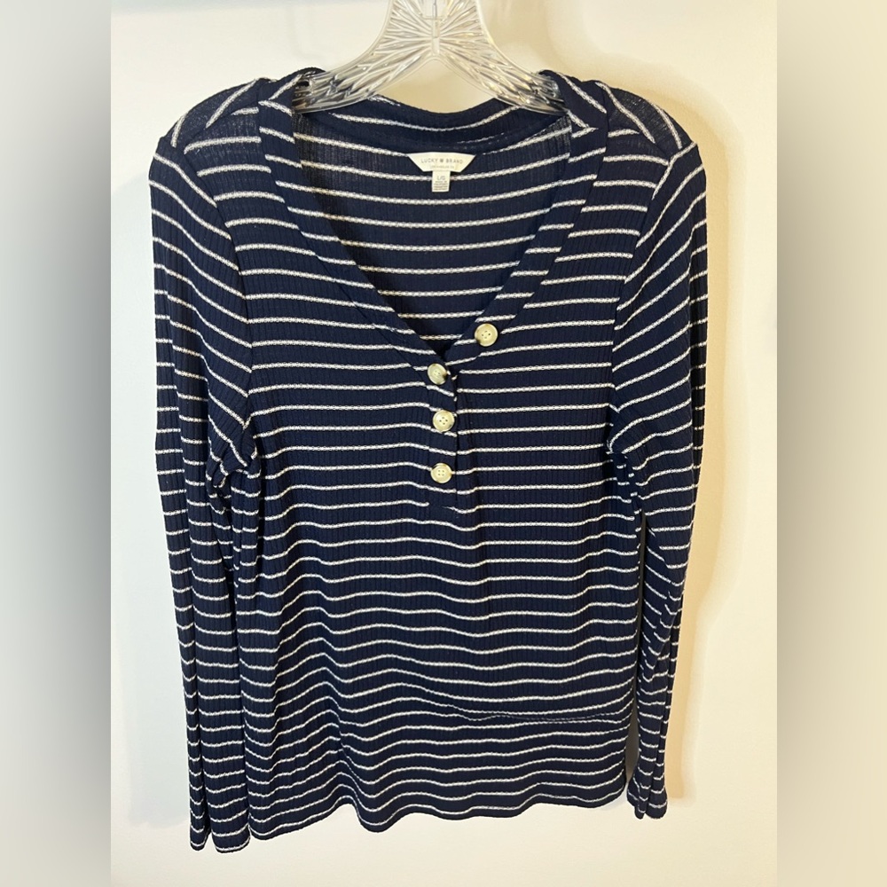 Lucky Brand Ribbed Striped Button Henley Knit Top Shirt Navy Blue White Size L